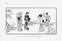 Japanese women walking, vintage Japanese woodcut illustration. Public domain image from our own original 1884 edition of The Ornamental Arts Of Japan. Digitally enhanced by rawpixel.