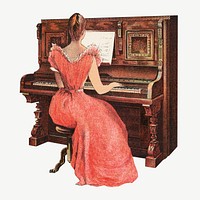 Vintage woman playing piano chromolithograph illustration psd. Remixed by rawpixel. 