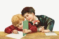 Boys doing homework, vintage illustration psd. Remixed by rawpixel. 