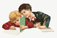 Boys doing homework, vintage illustration psd. Remixed by rawpixel. 