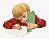 Vintage boy doing homework, chromolithograph illustration. Remixed by rawpixel. 