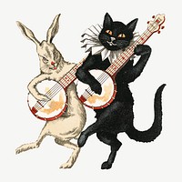 Cat & rabbit playing banjos  collage element, vintage illustration psd. Remixed by rawpixel. 