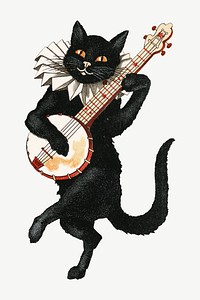 Cat playing banjo  collage element, vintage illustration psd. Remixed by rawpixel. 