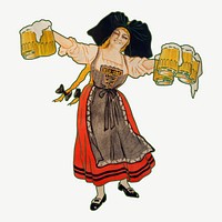 Vintage woman serving beers chromolithograph art psd. Remixed by rawpixel. 