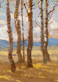 Birches in autumn background, aesthetic nature painting by Ferdinand Katona. Remixed by rawpixel.