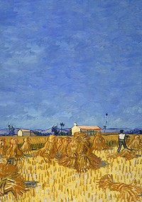 Van Gogh's farm background, Harvest in Provence painting. Remixed by rawpixel.