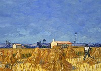 Van Gogh's farm background, Harvest in Provence painting. Remixed by rawpixel.