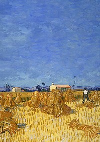 Van Gogh's farm background, Harvest in Provence painting. Remixed by rawpixel.