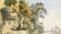 Wood rock mountains HD wallpaper, vintage nature illustration by William Day. Remixed by rawpixel.