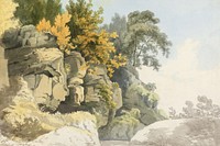 Wood rock mountains background, vintage nature illustration by William Day. Remixed by rawpixel.