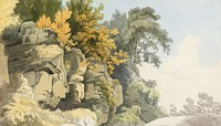 Wood rock mountains background, vintage nature illustration by William Day. Remixed by rawpixel.