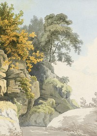 Wood rock mountains background, vintage nature illustration by William Day. Remixed by rawpixel.