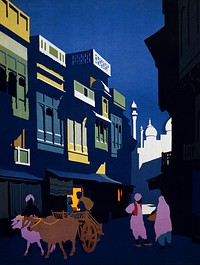 A street by moonlight. Visit India. Apply: India State Railways Bureau. 38 East 57th Street, New York. Travel Poster shows a moonlit street scene with ox cart. (1920). Original public domain image from Wikimedia Commons.  Digitally enhanced by rawpixel.