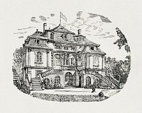 Huttenschlosschen Manor in Wurzburg/Germany, now used by student fraternity de:Corps Rhenania Wurzburg (1910), vintage illustration.  Original public domain image from Wikimedia Commons.  Digitally enhanced by rawpixel.