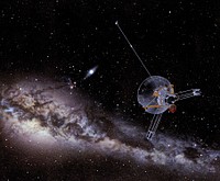 An artist's impression of Pioneer 10 looking back on the inner Solar while on its way to interstellar space (1983). Original public domain image from Wikimedia Commons.  Digitally enhanced by rawpixel.