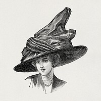 No. 12307. Large HAT in plush felt, trimmed with drawstring taffeta drapery. Comes in black, navy, bronze, grey, green and purple 12.50 (1911-1912), vintage fashion illustration by Aux Galeries Lafayette. Original public domain image from Wikimedia Commons.  Digitally enhanced by rawpixel.