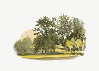 Landscape with Trees, vintage nature illustration by Robert Hills psd. Remixed by rawpixel.