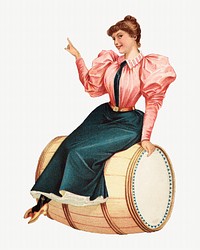 Vintage woman sitting on barrel illustration. Remixed by rawpixel.