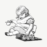 Little girl drinking tea illustration psd. Remixed by rawpixel.