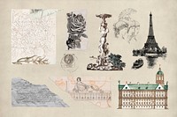 Aesthetic vintage architecture collage element psd set