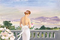 Watercolor bride at balcony background. Remixed by rawpixel.