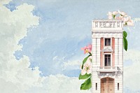 Watercolor building & flower background. Remixed by rawpixel.