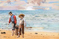 Watercolor boys at beach background. Remixed by rawpixel.