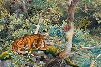 Watercolor tiger sleeping on tree. Remixed by rawpixel.