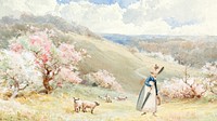 Watercolor woman & sheep desktop wallpaper. Remixed by rawpixel.