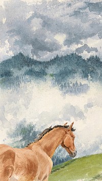 Watercolor wild  horse foal mobile wallpaper. Remixed by rawpixel.