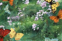 Watercolor butterflies in green field. Remixed by rawpixel.