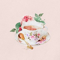 Watercolor floral teacup  collage element. Remixed by rawpixel.