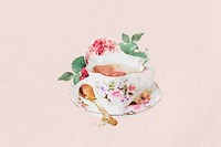 Watercolor floral teacup  collage element. Remixed by rawpixel.