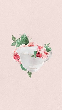 Floral teacup watercolor  mobile wallpaper. Remixed by rawpixel.