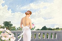 Watercolor bride at balcony background. Remixed by rawpixel.