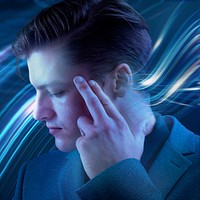 Businessman listening to sounds, audio technology