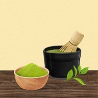 Japanese matcha, drinks illustration, yellow background