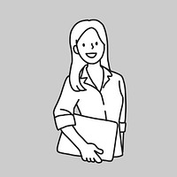 Female office worker holding file line drawing collage element vector