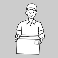 Uniform delivery man carrying parcel flat line collage element vector