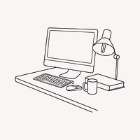 Office workspace, computer desktop line art illustration vector