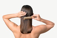 Woman combing her sleek hair collage element psd