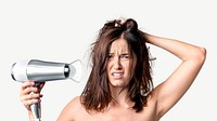 Frustrated woman using blow dryer collage element psd