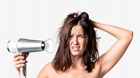 Frustrated woman using blow dryer image element