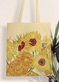 Sunflower patterned tote bag, reusable product. Remixed by rawpixel.