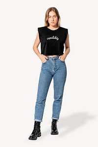 Cropped tee & jeans mockup, editable fashion psd