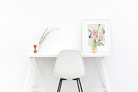 Picture fame & chair mockup, minimal office interior psd