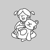 Little girl with teddy bear line drawing collage element vector