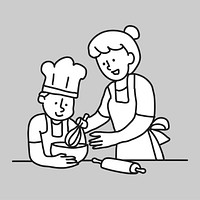 Mother kid cooking flat line vector