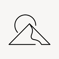 Sunset mountain travel icon, line art design vector