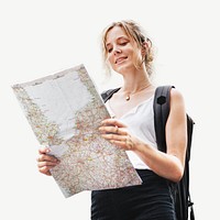Tourist holding map collage element psd